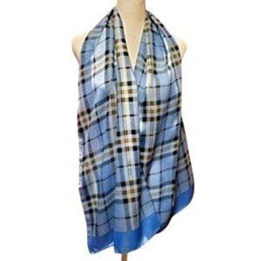VINTAGE Tie Rack VINTAGE 15x60" plaid blues scarf -‎ sheer poly - Made in Italy